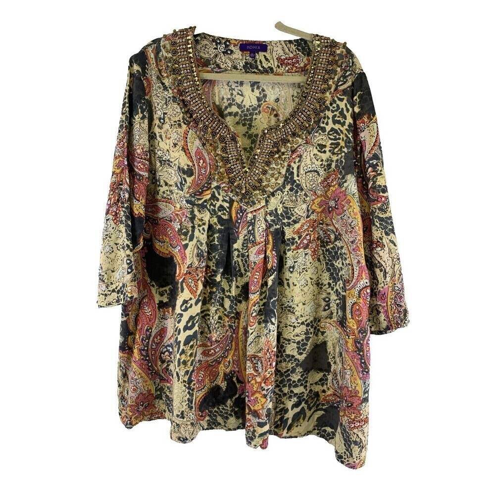 Indikka Tunic Blouse Beaded Floral Multicolored Lightweight Silk Rayon Womens XL